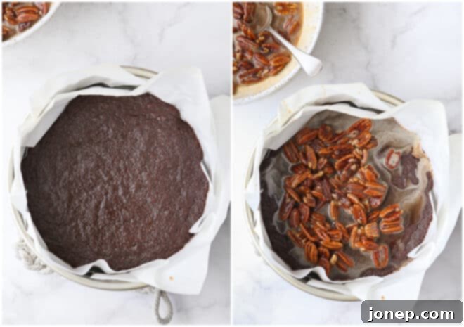 Image showing par-baked brownies in a round pan, with the pecan pie filling being carefully spooned over the top.