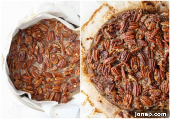 Two images side by side: one showing uncooked pecan pie brownies with batter and filling, and the other showing the golden-brown baked brownies.
