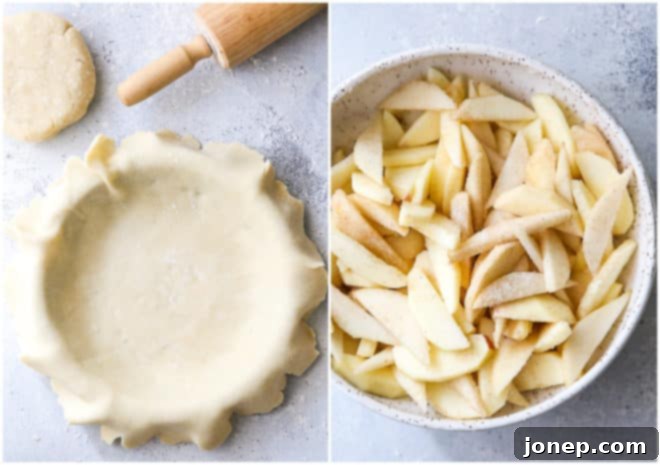 rolled pie crust in pan and pie filling in bowl