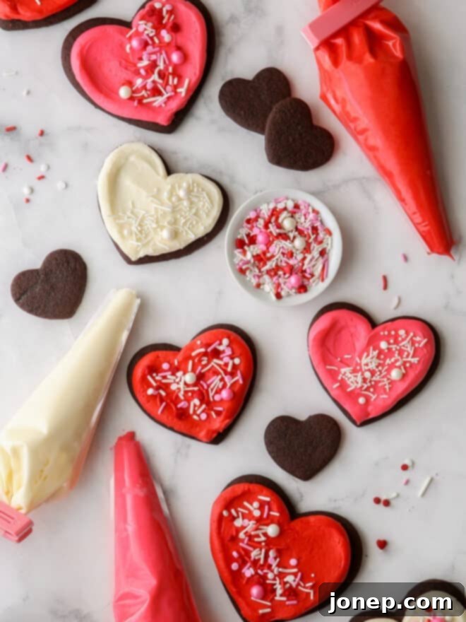 Sweet Valentines Treats 2 Frosted sugar cookies with pink and white icing, piping bags, and colorful sprinkles, ready for Valentine's Day baking.