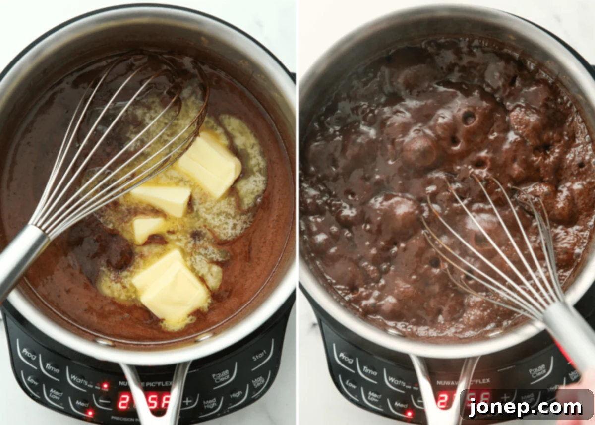 Close-up of the no-bake cookie mixture simmering on a stovetop, being stirred
