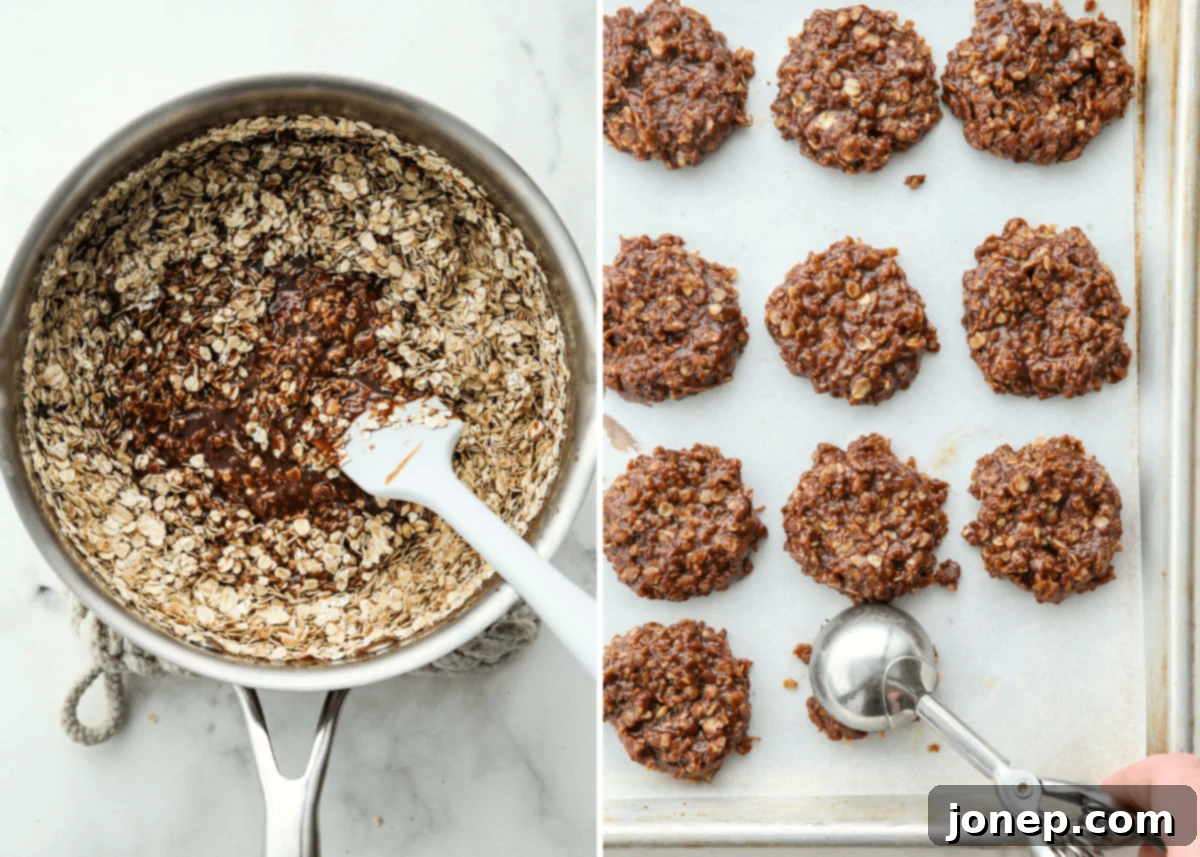 The process of scooping spoonfuls of the warm no-bake chocolate cookies onto parchment paper to cool and set.