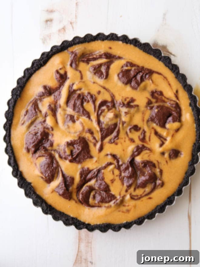 A close-up of the delicious Chocolate Swirl Pumpkin Tart, showcasing the perfect swirl of chocolate and pumpkin filling.