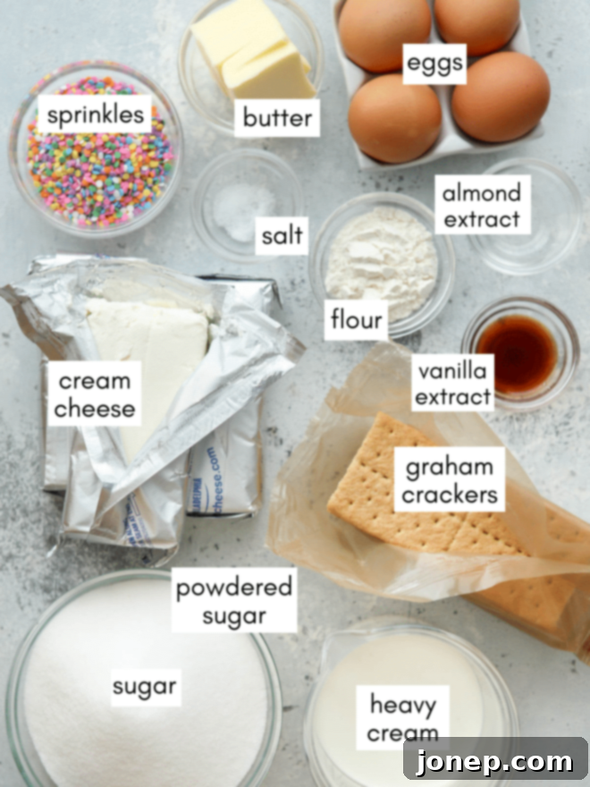Whimsical Funfetti Cheesecake 4 funfetti cheesecake ingredients measured out on a counter