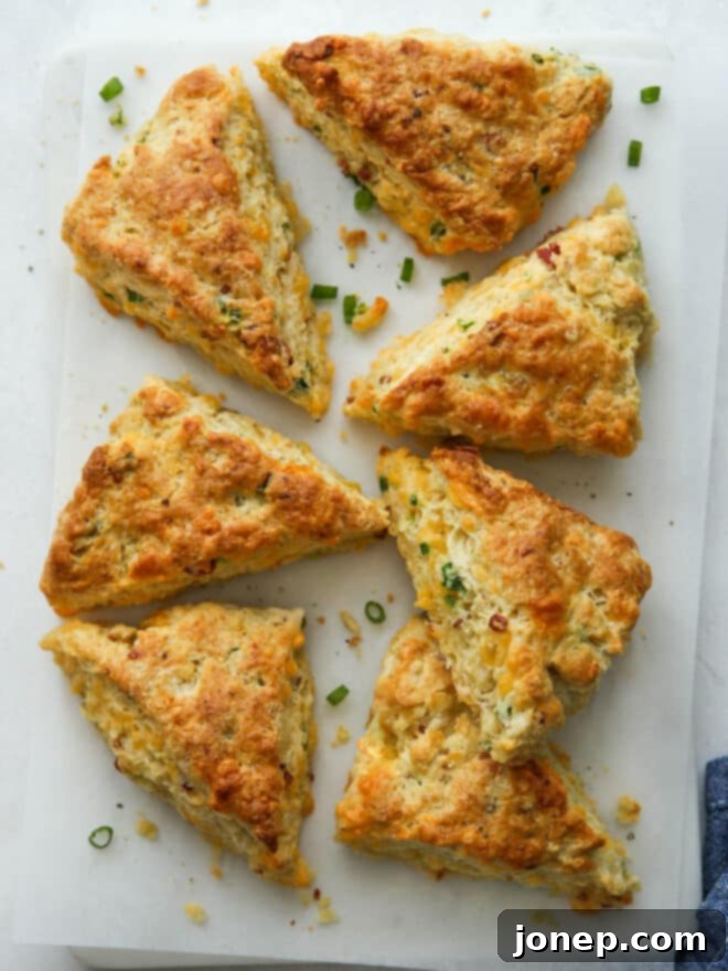 Classic Savory Scones 2 Golden-brown savory scones baked to perfection on a white plate