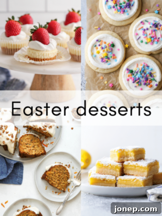 collage of Easter dessert recipes including carrot cake, lemon bars, and cookies