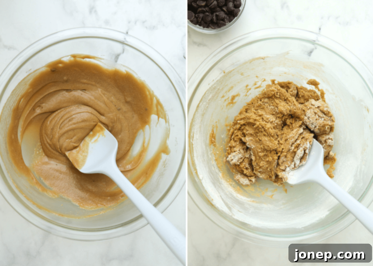 mixing cookie dough in bowl