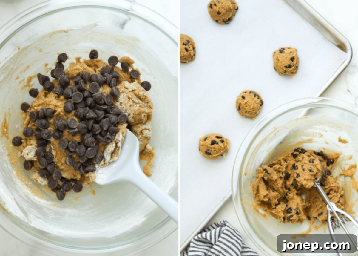 adding chocolate chips and portioning dough