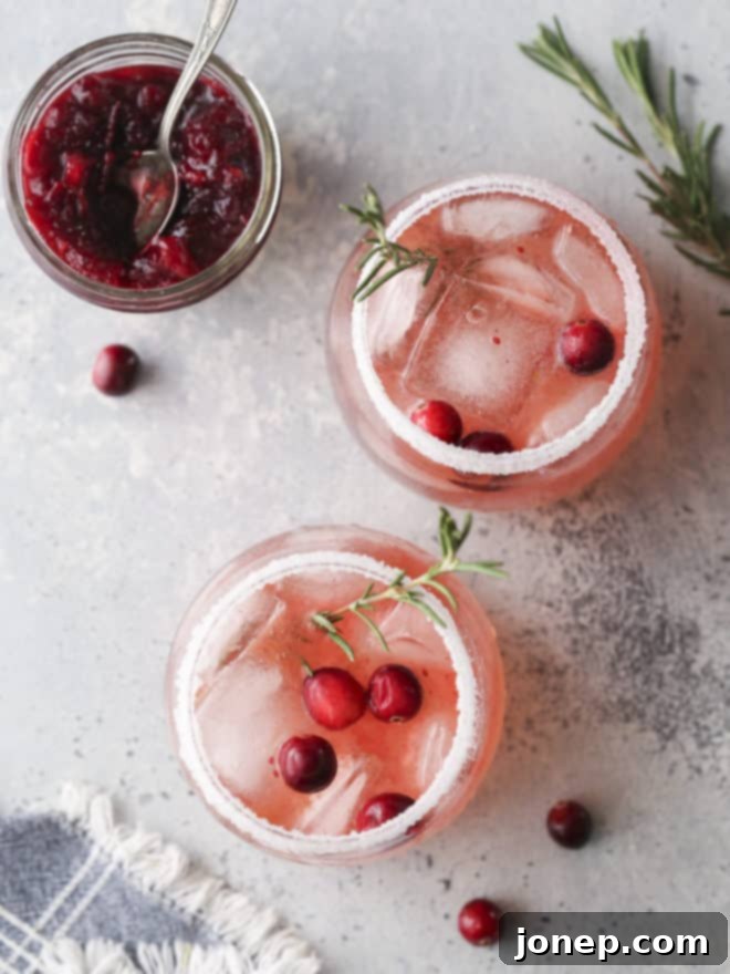 Sparkling Cranberry Gin Fizz 4 Close-up of a cranberry gin fizz cocktail garnished with rosemary and fresh cranberries, showcasing its festive look.