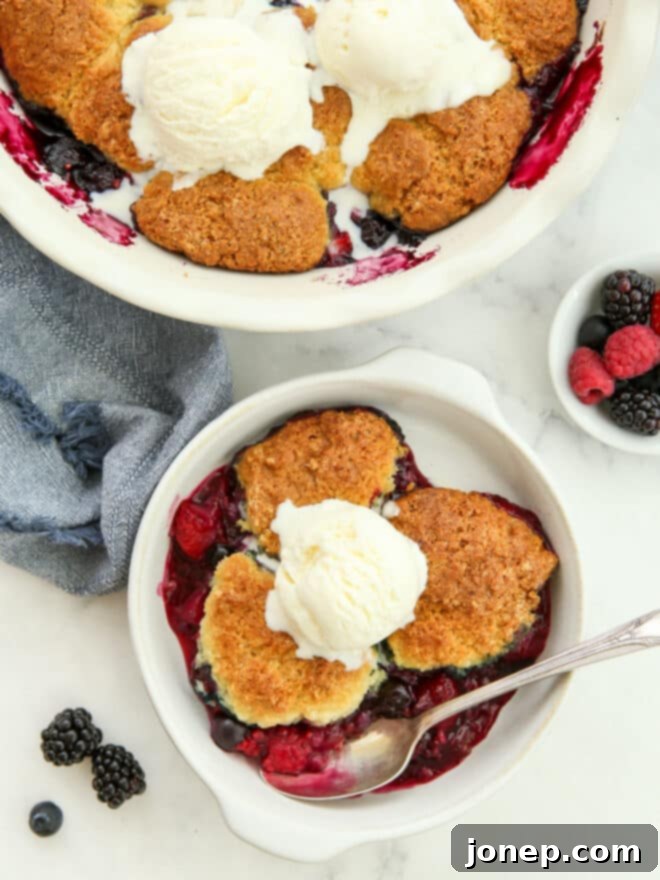 Rustic Berry Cobbler 2 Warm, scooped mixed berry cobbler in a serving dish, topped with a melting scoop of vanilla ice cream, ready to be enjoyed.