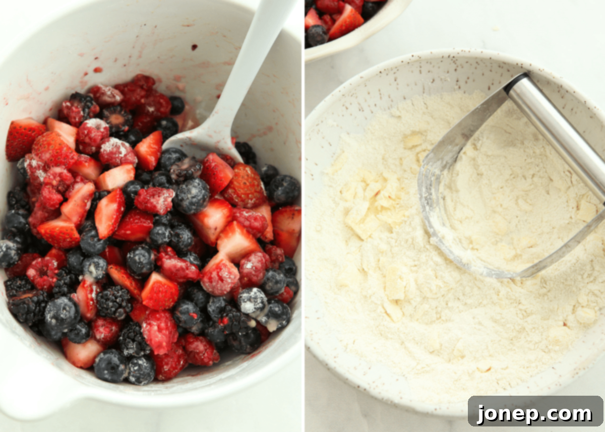 Two images side-by-side: on the left, mixed berries are being tossed in a bowl with sugar and cornstarch; on the right, cold butter is being cut into dry ingredients for the cobbler topping using a pastry cutter in a separate bowl.
