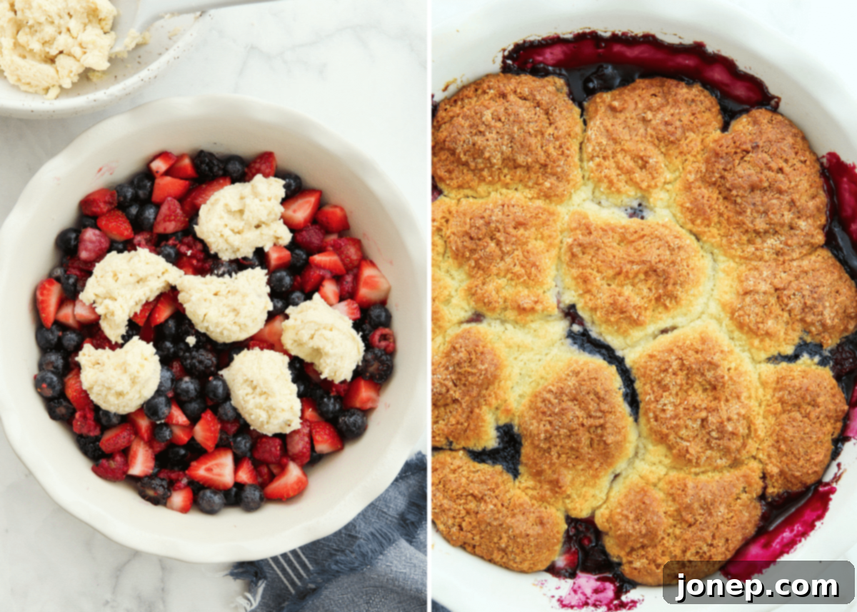 Two images side-by-side: on the left, spoonfuls of biscuit dough are being placed over a berry filling in a baking dish; on the right, the baked berry cobbler is shown in the dish with a golden-brown topping and bubbling fruit.