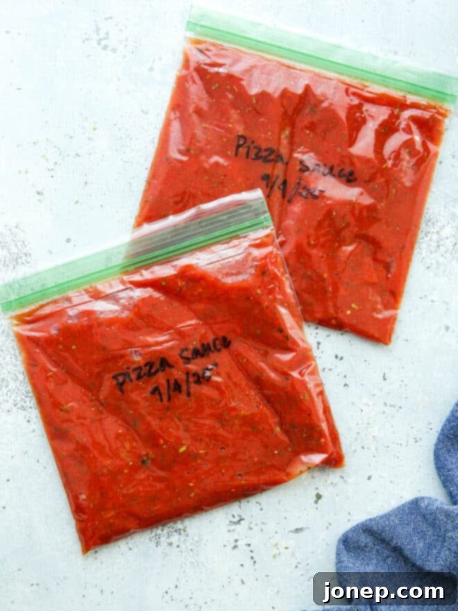 pizza sauce portioned into ziplock bags for freezing