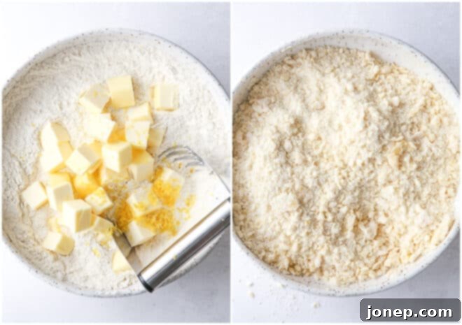 image showing a pastry blender cutting butter into dry ingredients for crumb bars