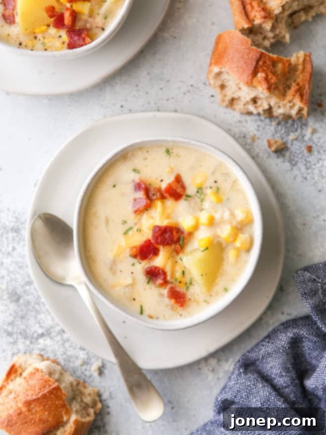 Hearty Cheesy Corn Chowder 2 bowl of cheesy corn chowder with torn bread