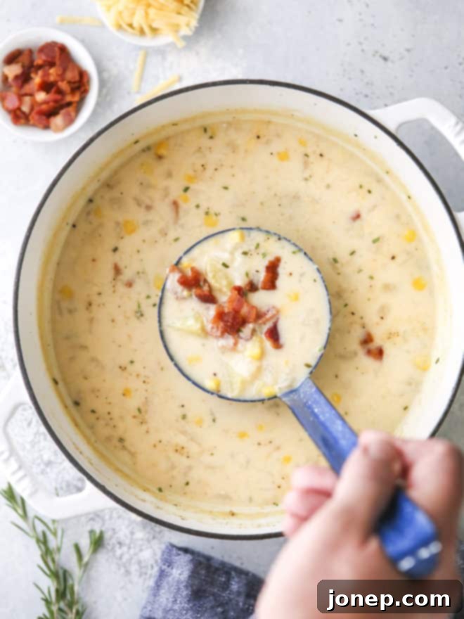 Hearty Cheesy Corn Chowder 4 ladling corn chowder out of a pot