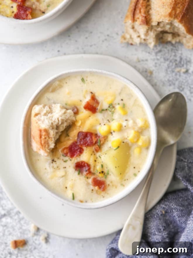 Hearty Cheesy Corn Chowder 5 close up of cheesy corn chowder in a bowl with a baguette