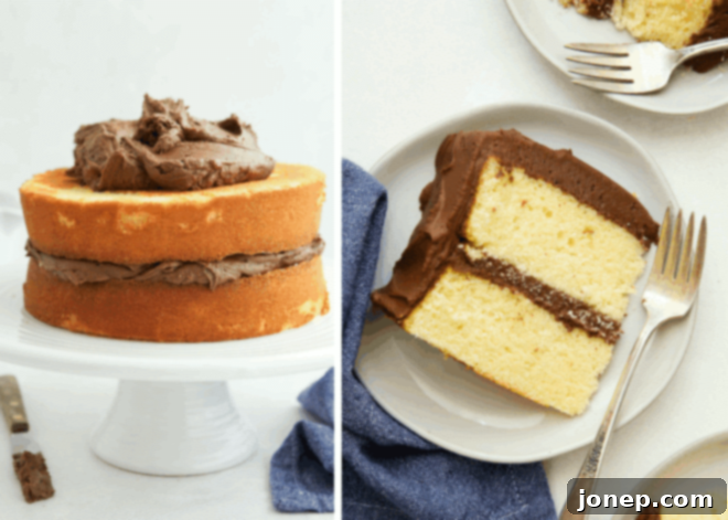 Freeze Cake Layers Perfectly Every Time 3 Delicious yellow layer cake assembled and a slice served on a plate, showcasing its moist texture