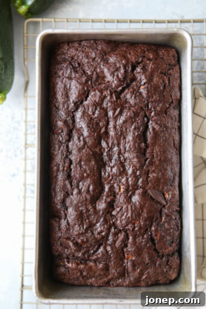 Decadent Chocolate Zucchini Bread 3 baked chocolate zucchini bread in loaf pan
