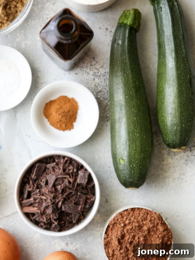 Decadent Chocolate Zucchini Bread 4 chocolate zucchini bread ingredients measured out