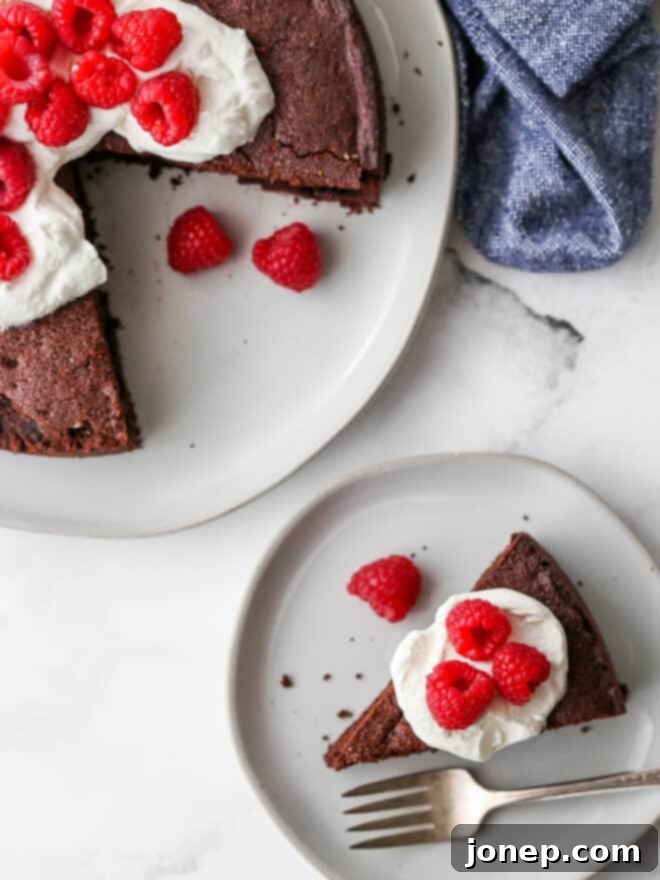 overhead shot of chocolate almond cake
