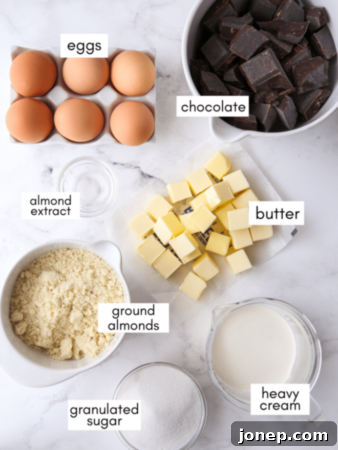 Decadent Flourless Chocolate Almond Torte 4 Ingredients for flourless chocolate almond cake arranged on a counter