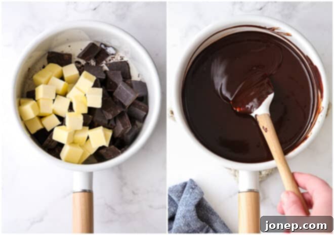 Gluten-Free Chocolate Almond Torte 5 melting chocolate, butter and cream in saucepan