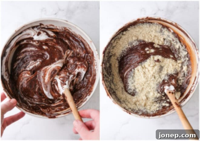 Gluten-Free Chocolate Almond Torte 7 folding egg whites into cake batter and folding almond meal into cake batter