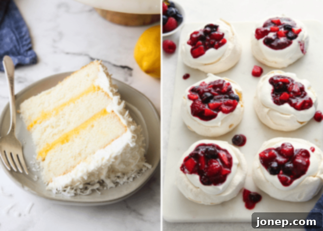 Why Room Temperature Eggs Matter in Baking 4 A vibrant collage featuring a slice of lemon coconut cake with fluffy frosting and a pan of delicate mixed berry pavlovas, showcasing the light textures achieved with room temperature eggs.