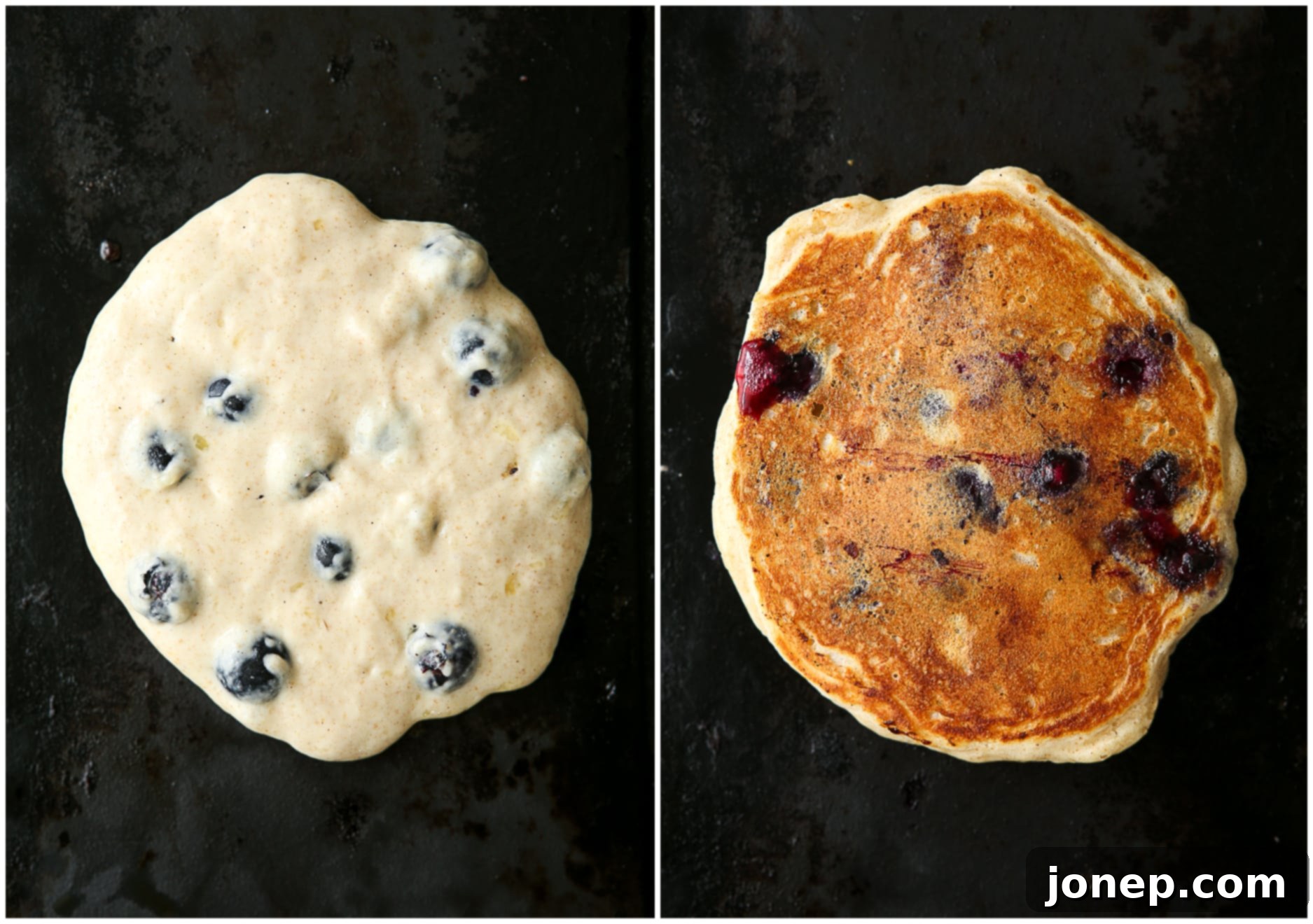 Pancakes cooking on a griddle, showing bubbles forming on the surface