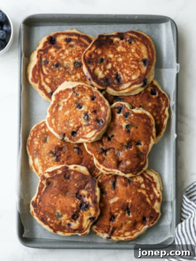 Blueberry Buttermilk Bliss 7 Platter of golden brown blueberry pancakes on a baking sheet pan, kept warm in the oven