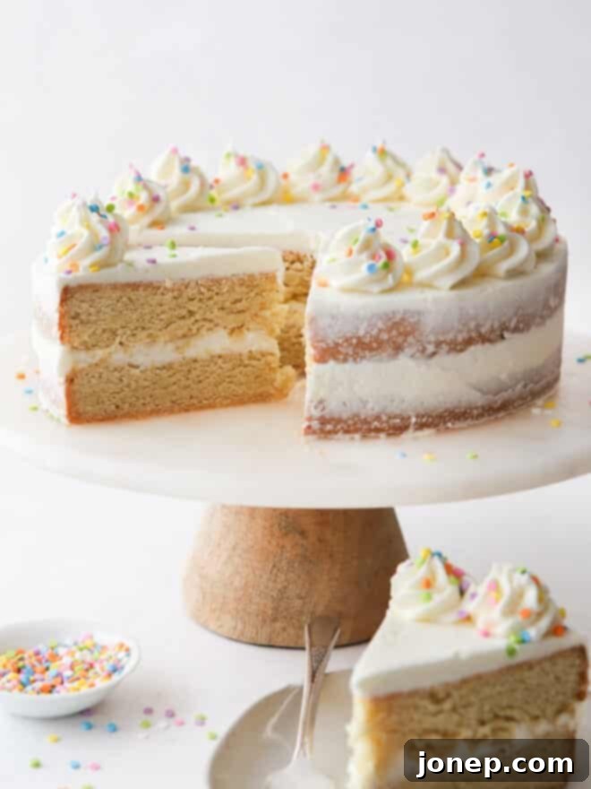 Frosted Sugar Cookie Cake 2 A beautifully sliced sugar cookie layer cake revealing soft cookie layers and creamy vanilla buttercream.