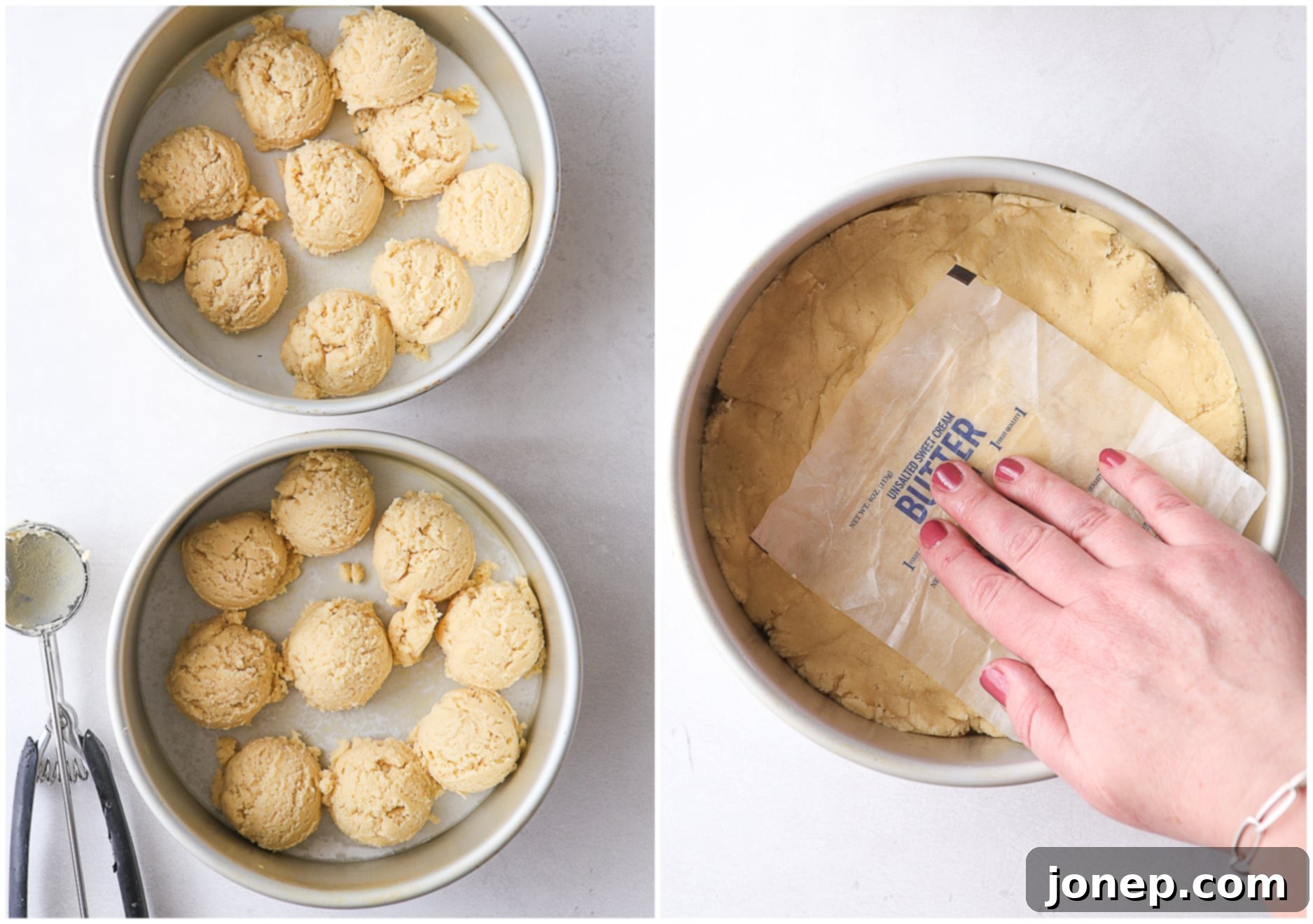 Hands pressing sugar cookie dough evenly into round cake pans lined with parchment paper.