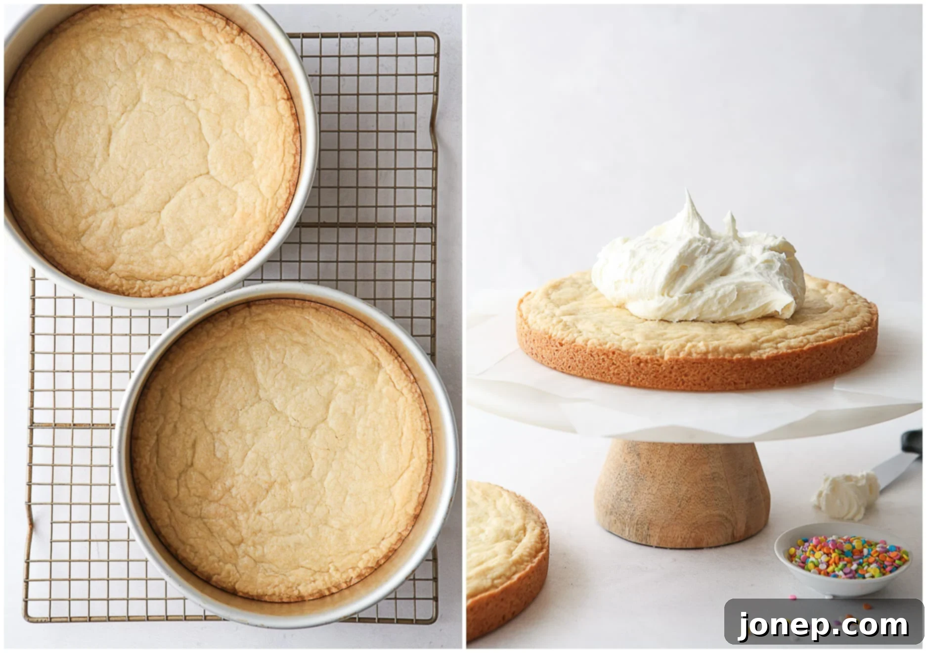 Assembling a sugar cookie layer cake with frosting being applied between layers and on top.