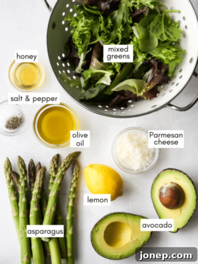 Roasted Asparagus and Creamy Avocado Medley 3 A flat lay of all fresh ingredients for roasted asparagus avocado salad, including vibrant lemon, grated parmesan, golden olive oil, sweet honey, crisp asparagus, creamy avocado, and mixed greens