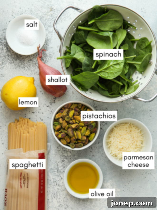 lemon pistachio pasta ingredients measured out with labels