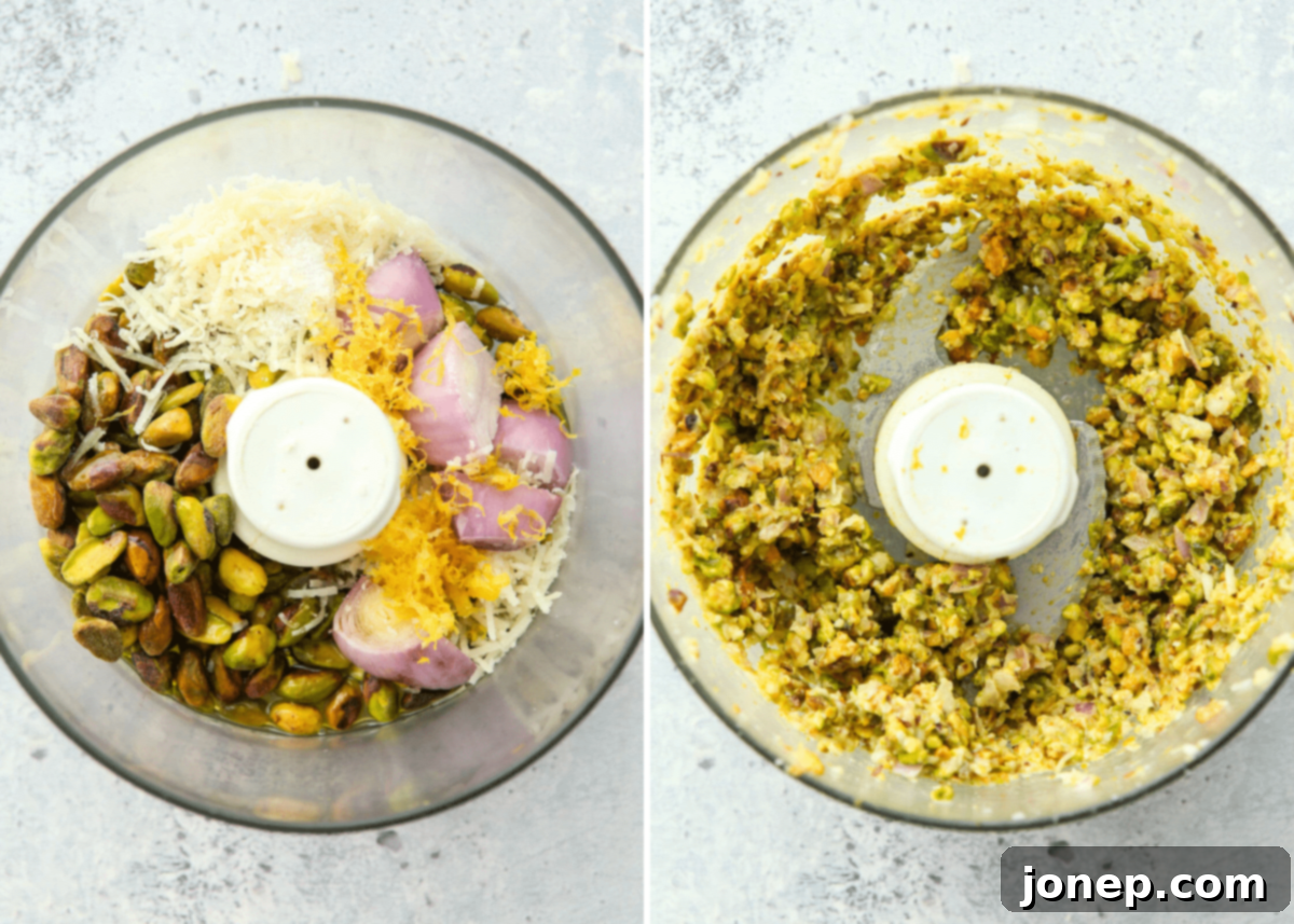 making lemon pistachio "pesto"