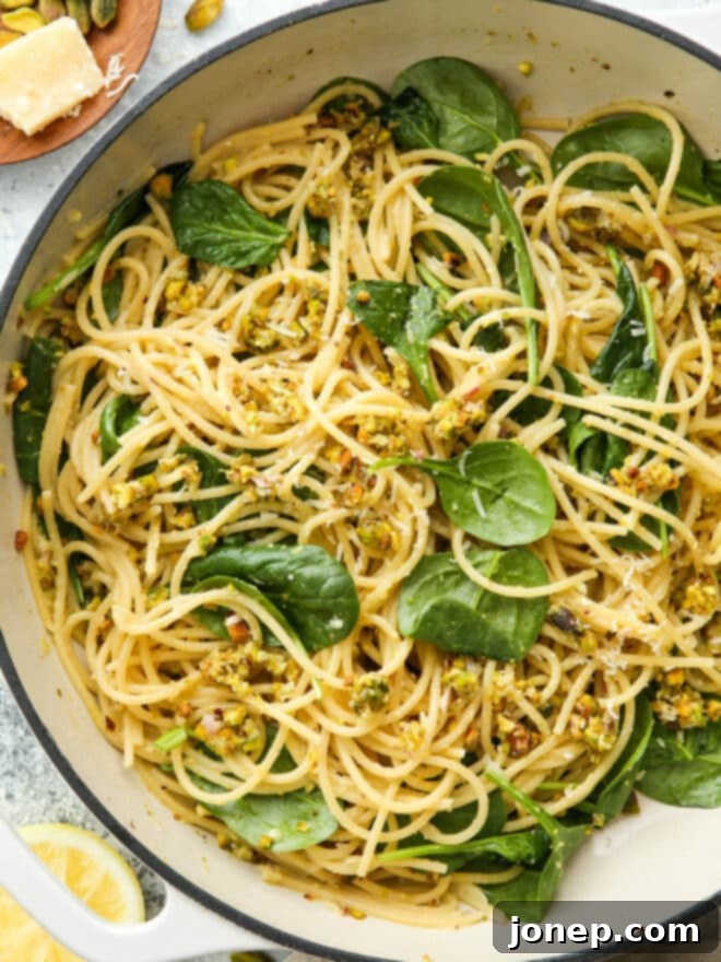 lemon pistachio pasta close up in pan
