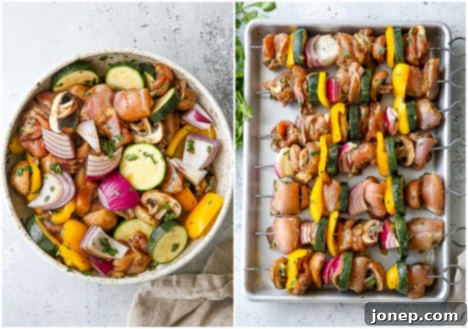 marinated chicken and veggies, and putting them on skewers