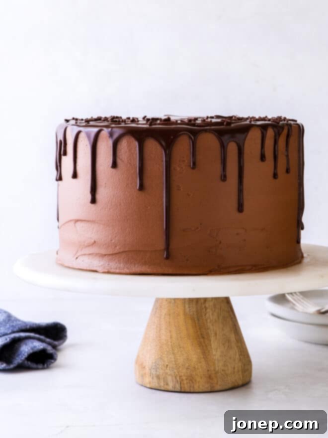 Decadent Chocolate Fudge Layer Cake 2 Decadent chocolate fudge layer cake on a elegant cake stand, ready to be served.