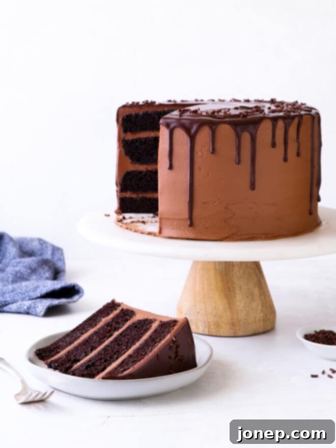Decadent Chocolate Fudge Layer Cake 9 A slice of chocolate fudge cake on a white plate, with the full cake visible in the blurred background.