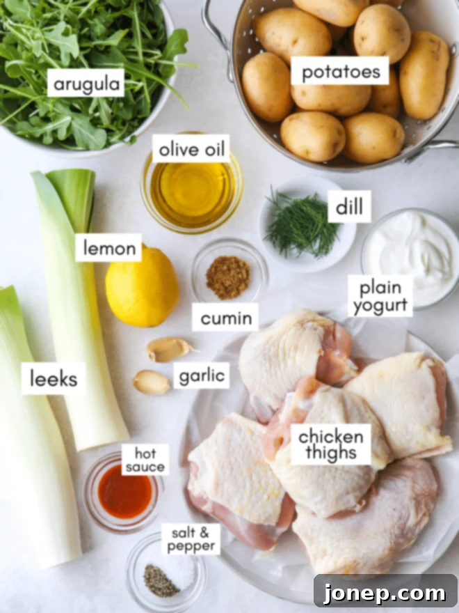Sheet Pan Chicken, Potatoes & Leeks Dinner 4 sheet pan chicken and potatoes ingredients with labels, showing bone-in chicken, Yukon gold potatoes, leeks, olive oil, sriracha, cumin, salt, pepper, lemon, garlic, plain yogurt, fresh dill, and arugula