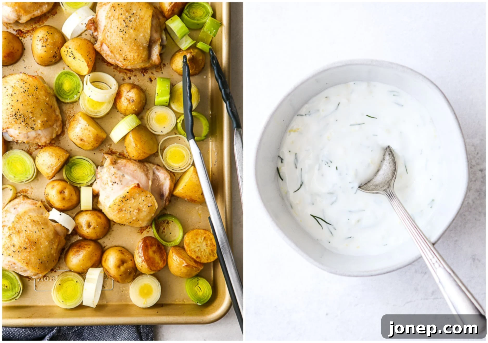 preparing leeks by slicing and mixing with lemon zest and oil, and making yogurt sauce in a bowl