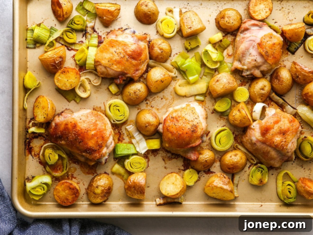 freshly roasted one-pan chicken and potatoes with leeks on a sheet pan, ready to serve