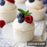 Dreamy Berry Angel Cupcakes 5 angel food cupcakes with fork