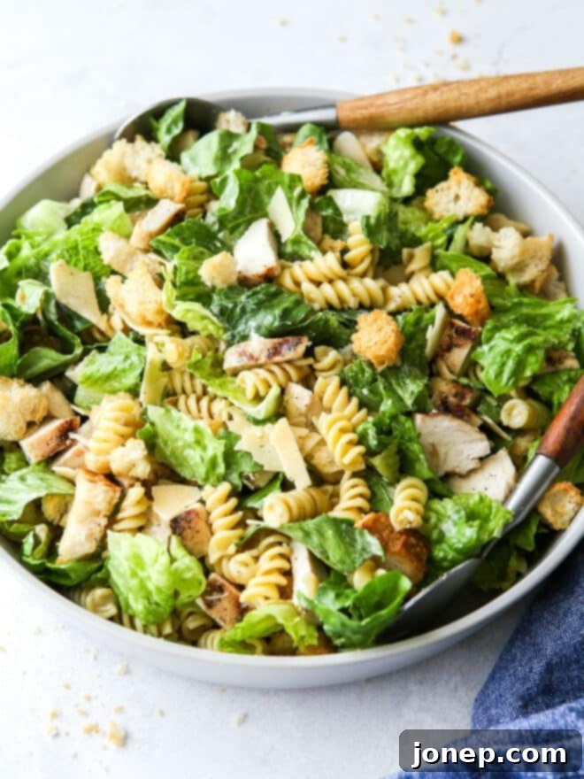 Chicken Caesar Pasta Bowl 3 Beautifully assembled Chicken Caesar Pasta Salad with grilled chicken, pasta, croutons, and romaine lettuce in a large serving bowl.