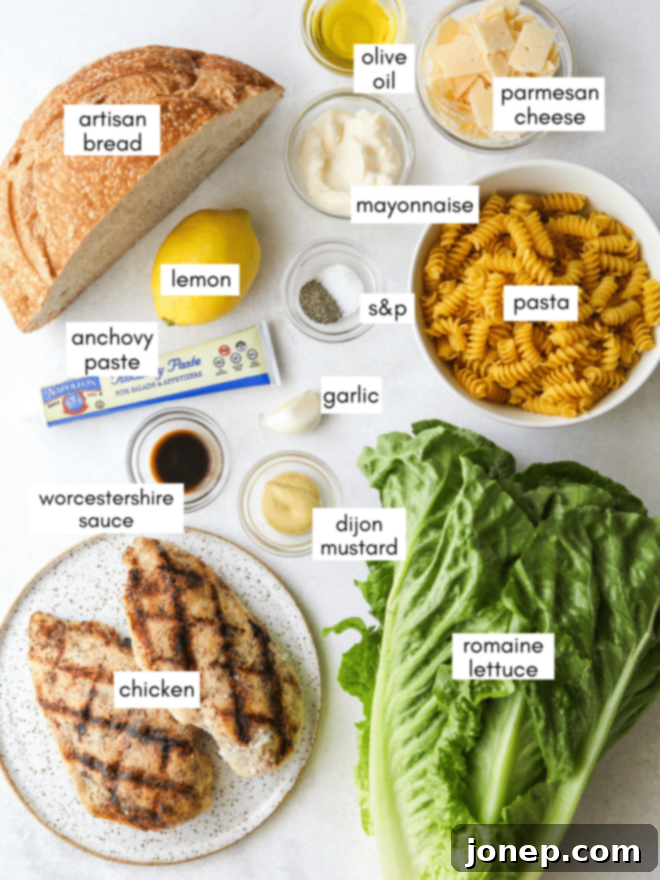 Chicken Caesar Pasta Bowl 4 Fresh ingredients for homemade Chicken Caesar Pasta Salad, including romaine lettuce, pasta, grilled chicken, and Caesar dressing components.