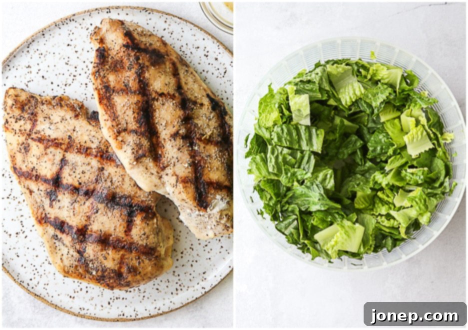 Chopped grilled chicken breasts on a plate alongside fresh romaine lettuce being washed in a salad spinner, prepared for Chicken Caesar Pasta Salad.