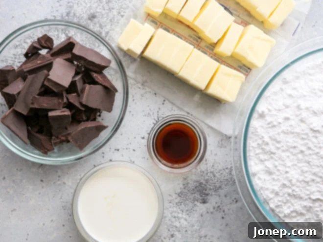 ingredients laid out for easy fudge buttercream frosting