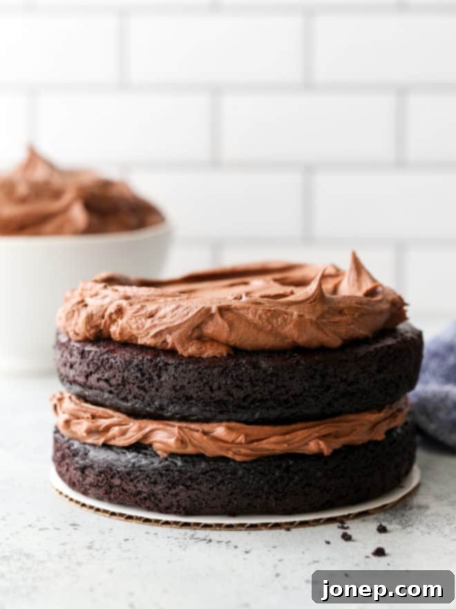 Effortless Decadent Fudge Buttercream 7 A slice of rich chocolate cake generously covered with smooth, easy fudge buttercream frosting, ready to be served